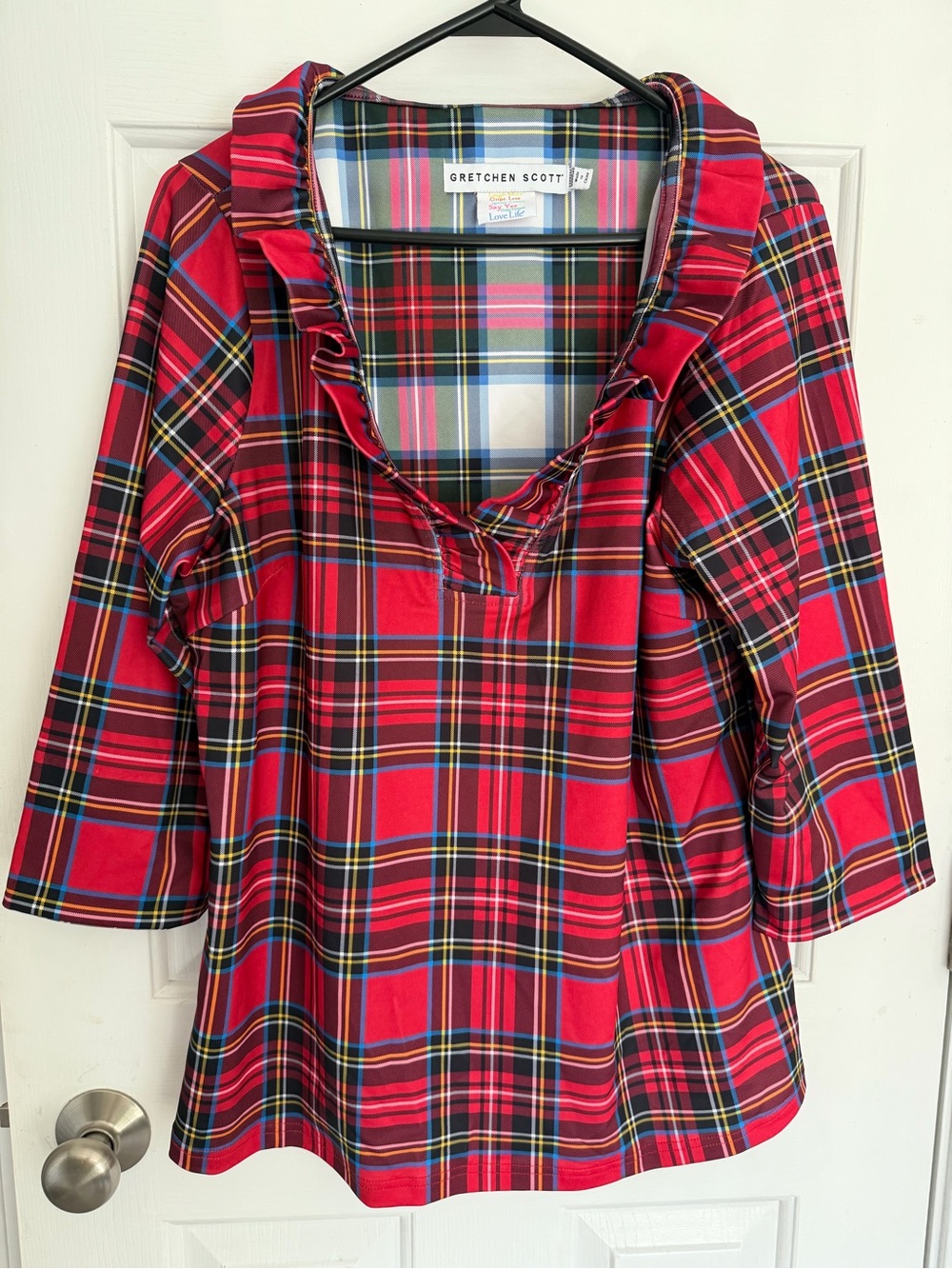 Gretchen Scott Goddess Red Tartan Plaid Ruffle Neck Tunic Top
